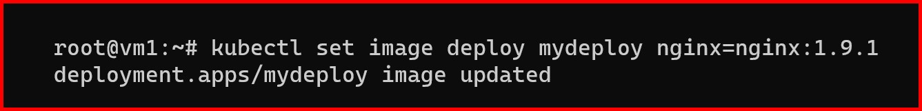 Picture showing the output of kubectl set image deploy command for changing the image in docker